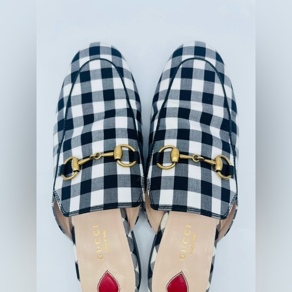 Gucci Shoes Princetown Gold Horsebit Black White Gingham Loafer Mules EU 37 - Picture 7 of 10
